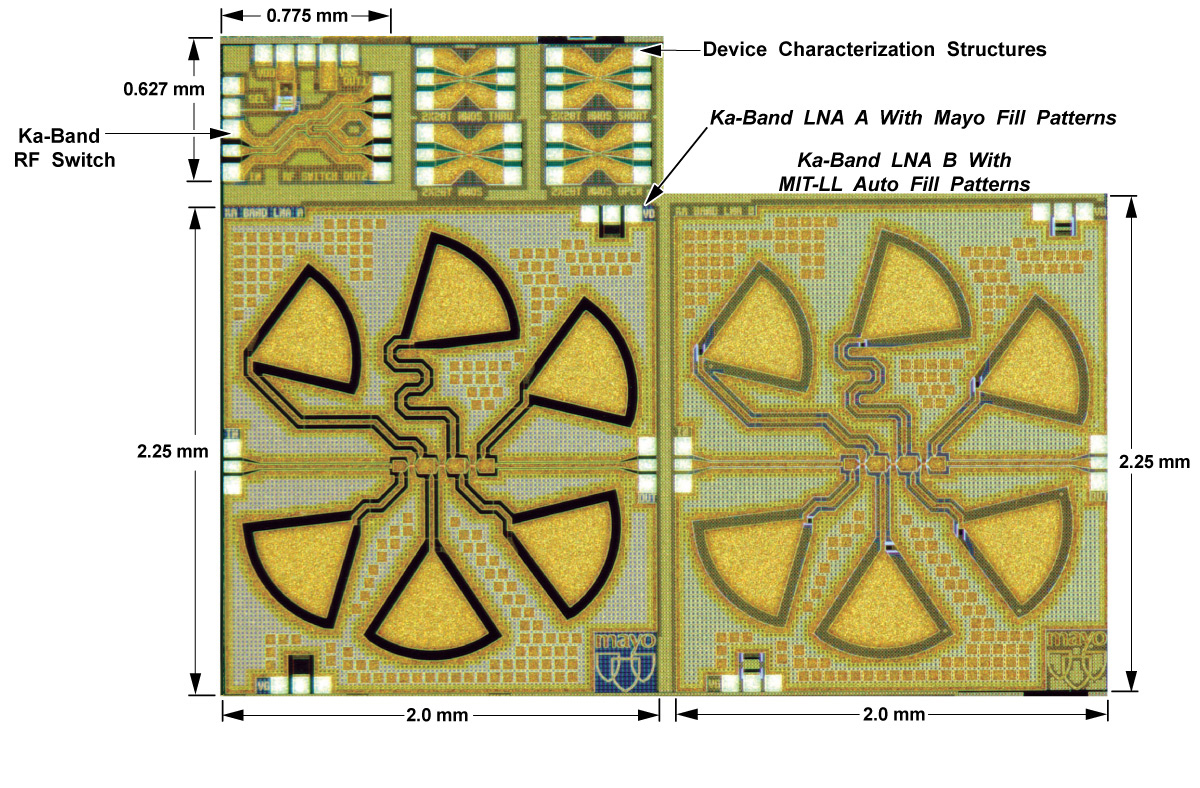 Chip plot of Mayo designed Low Noise Amplifiers, RF Switch, Single Device Test Structures implemented in MIT-LL 0.18 µm fully depleted silicon-on-insulator (SOI) CMOS RF07 technology
