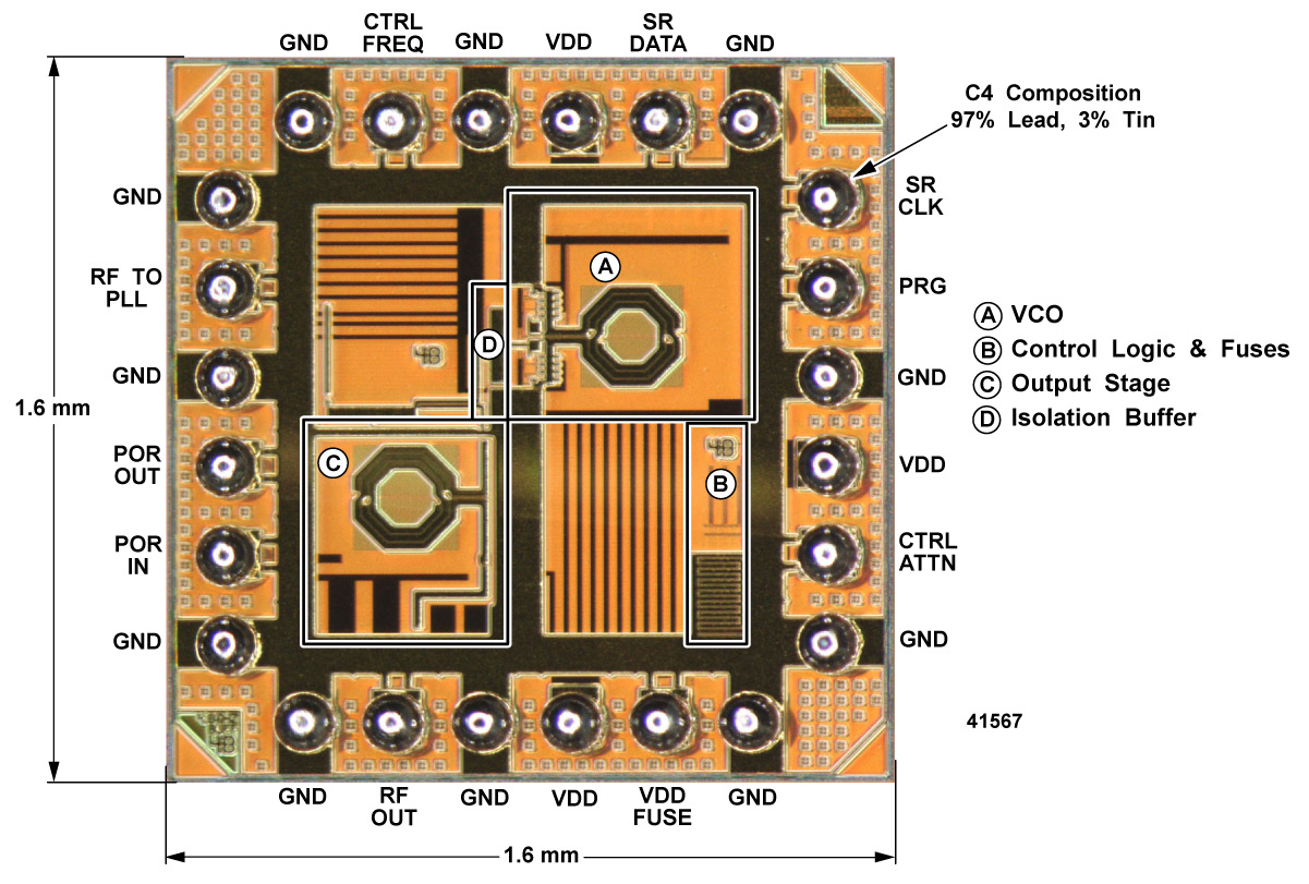 Die photograph of Mayo designed Voltage-Controlled Oscillator implemented in IBM 0.13 µm SiGe 8HP BiCMOS technology
