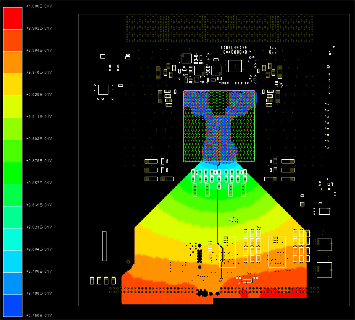 Expanded view of a section of the map of current density in printed circuit board conductors, showing voltage gradients across the ASIC and in the region on the circuit board